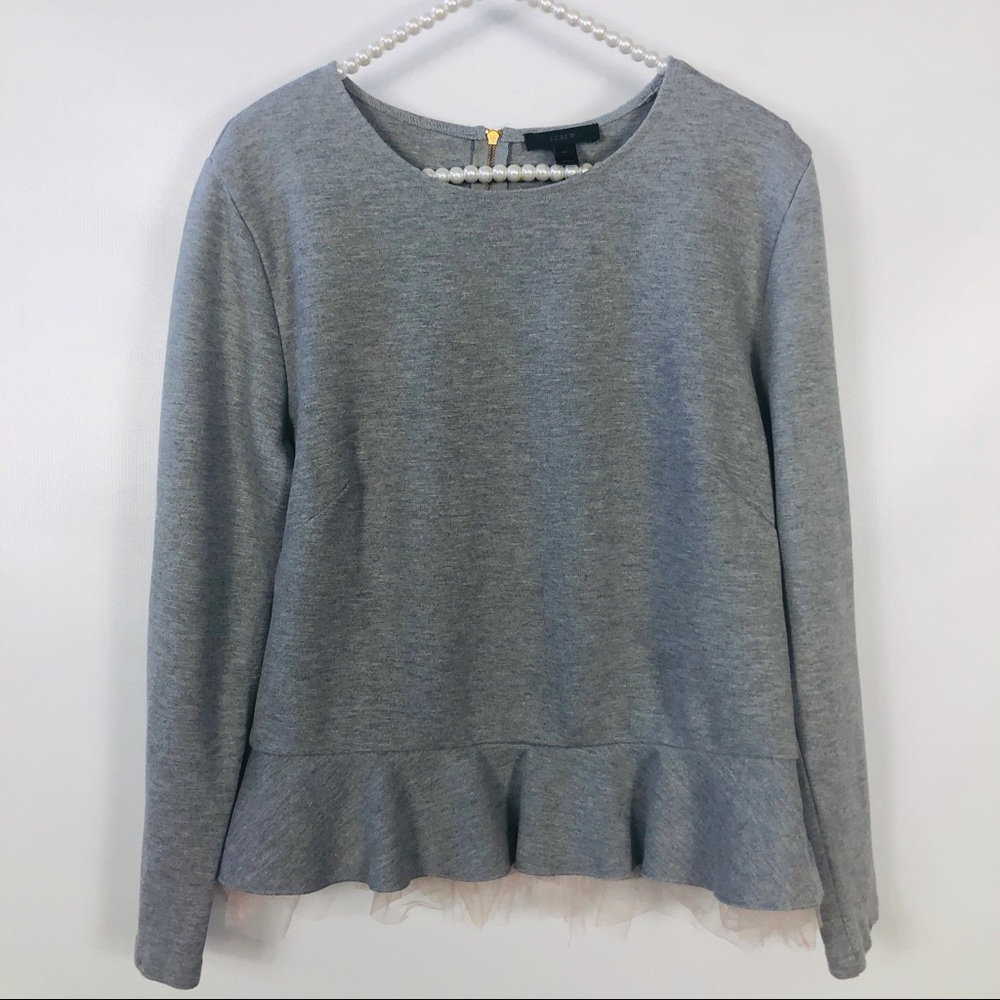 J Crew Tulle Hem Top Pullover Knit Grey Sweater